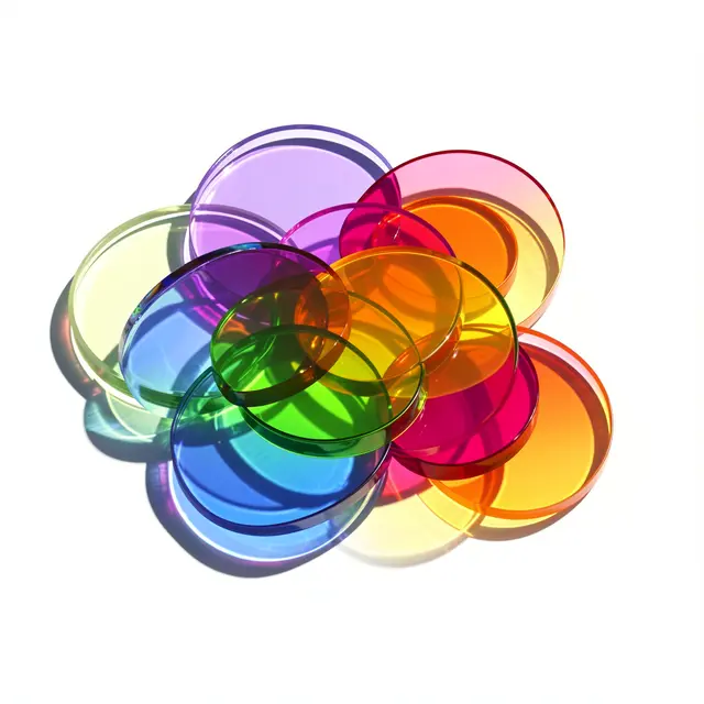 Translucent multicolored glass discs overlap and cast tinted shadows on a plain white background under hard direct sunlight