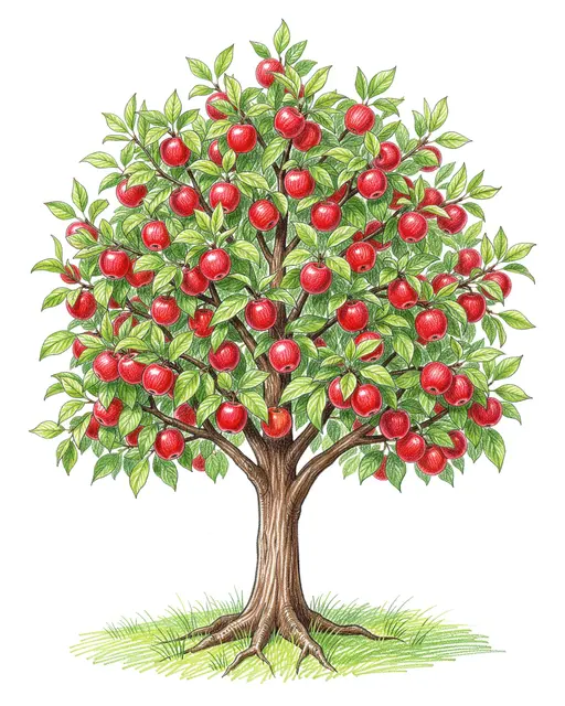 Detailed colored pencil drawing of a fruit-heavy apple tree on a plain white background