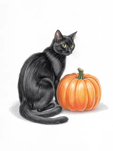 Detailed colored pencil drawing of a black cat sitting beside an orange pumpkin on white paper