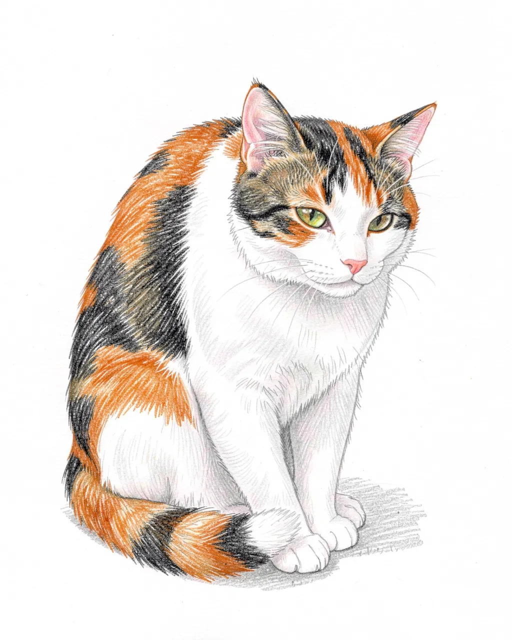 A detailed colored pencil drawing of a sitting calico cat on plain white paper