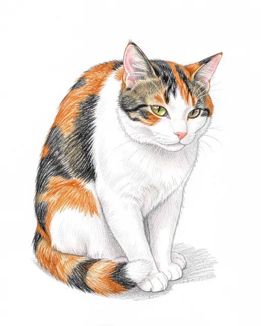 A detailed colored pencil drawing of a sitting calico cat on plain white paper
