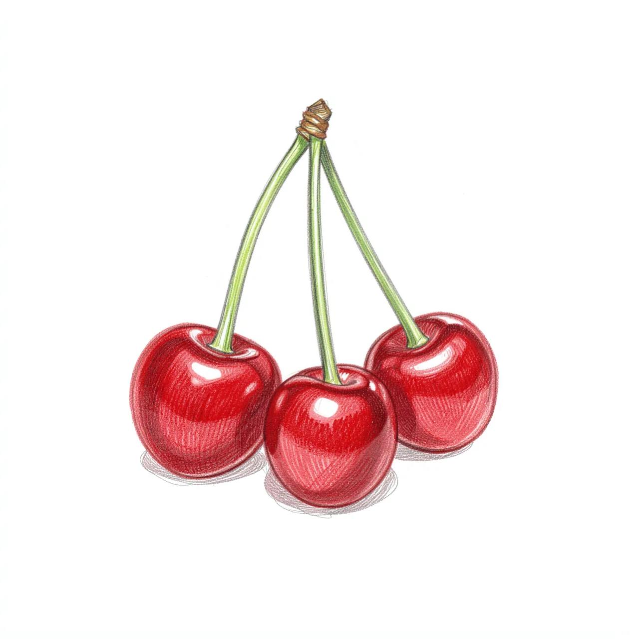 A colored pencil sketch of three glossy red cherries attached to joined green stems on a white background