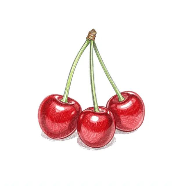 A colored pencil sketch of three glossy red cherries attached to joined green stems on a white background