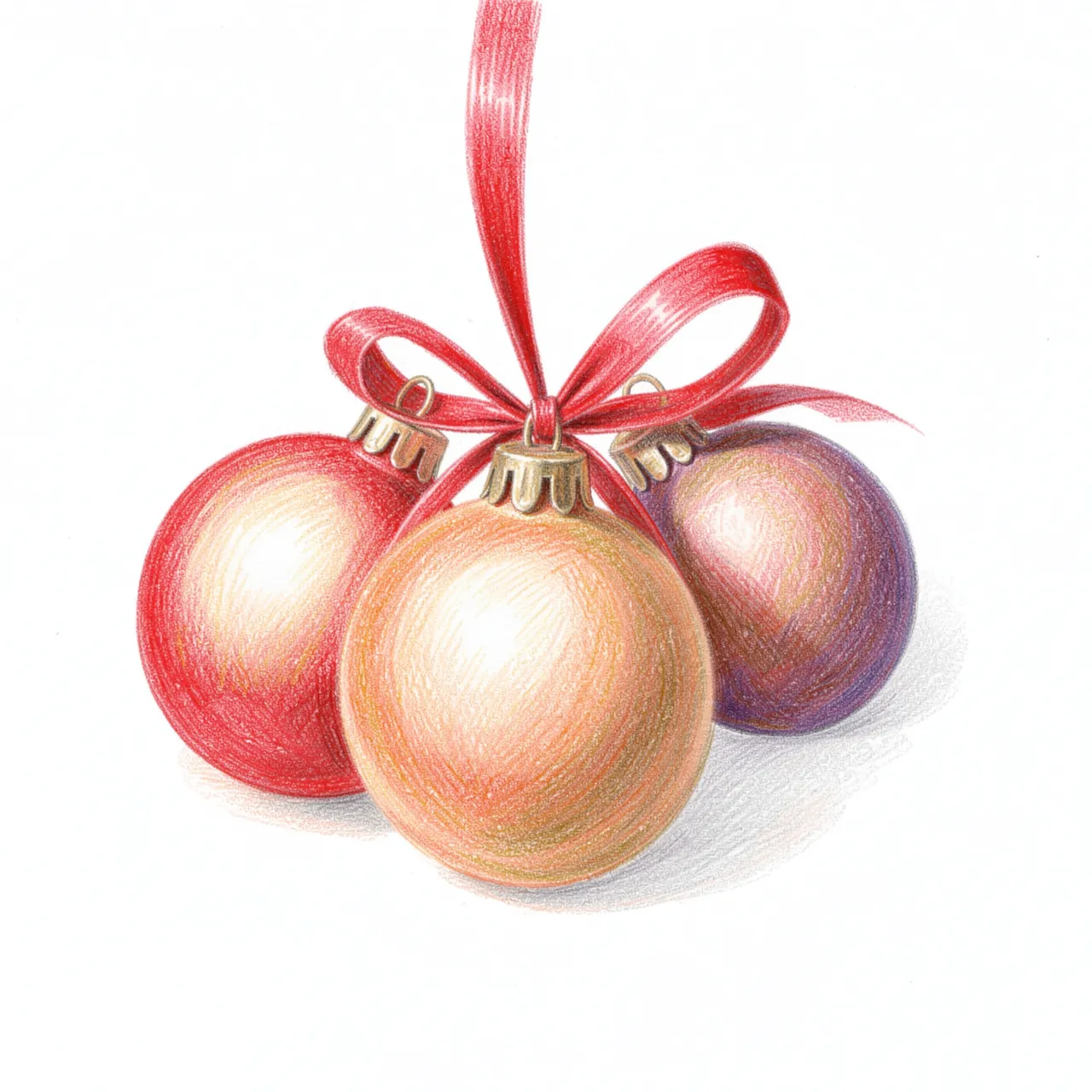 Three round Christmas baubles tied with a red ribbon bow, drawn with colored pencil on white paper