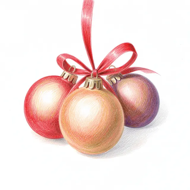Three round Christmas baubles tied with a red ribbon bow, drawn with colored pencil on white paper