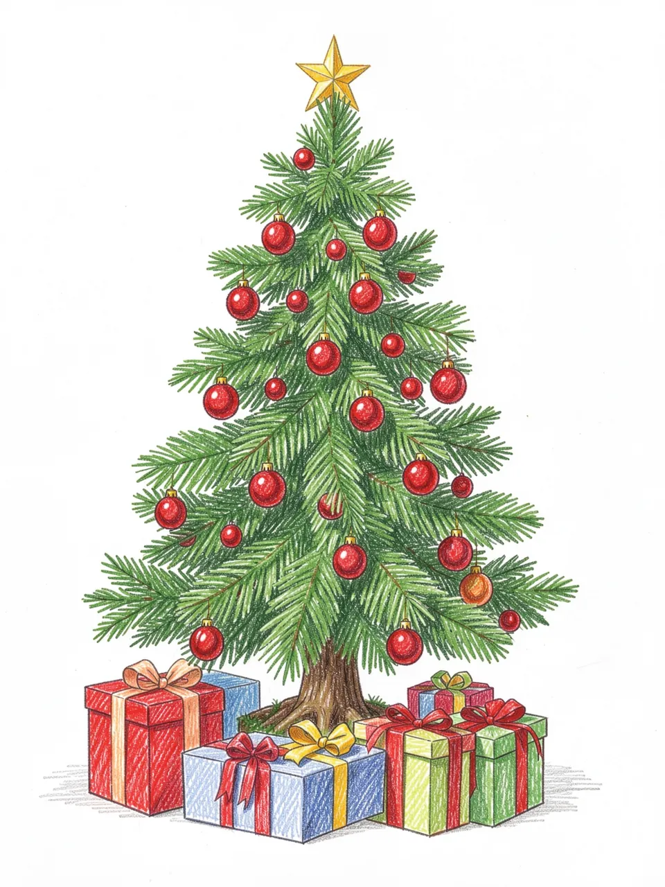 Hand drawn colored pencil Christmas tree with red ornaments and wrapped gifts on a plain white background