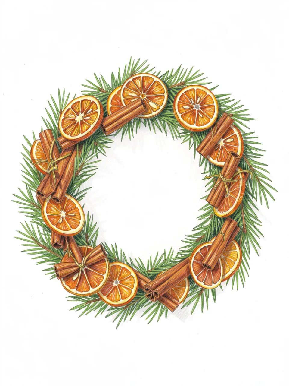 Hand-drawn colored pencil Christmas wreath of pine, dried orange slices and cinnamon sticks on white paper