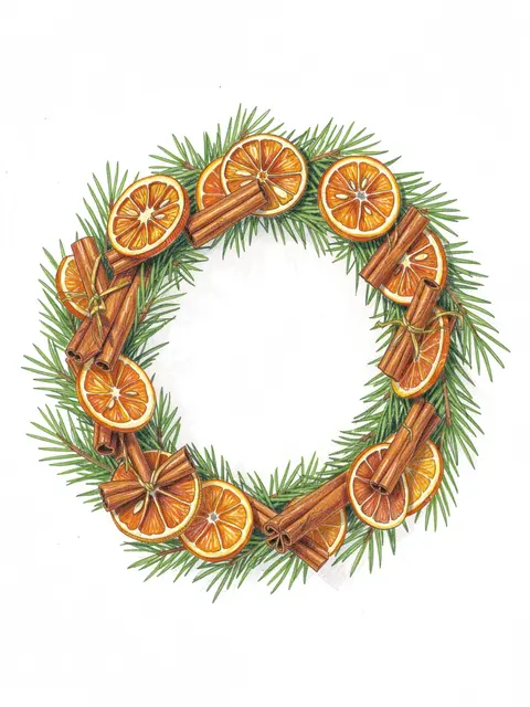 Hand-drawn colored pencil Christmas wreath of pine, dried orange slices and cinnamon sticks on white paper