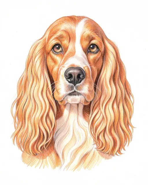 A detailed colored pencil portrait of a cocker spaniel with long wavy ears on plain white paper