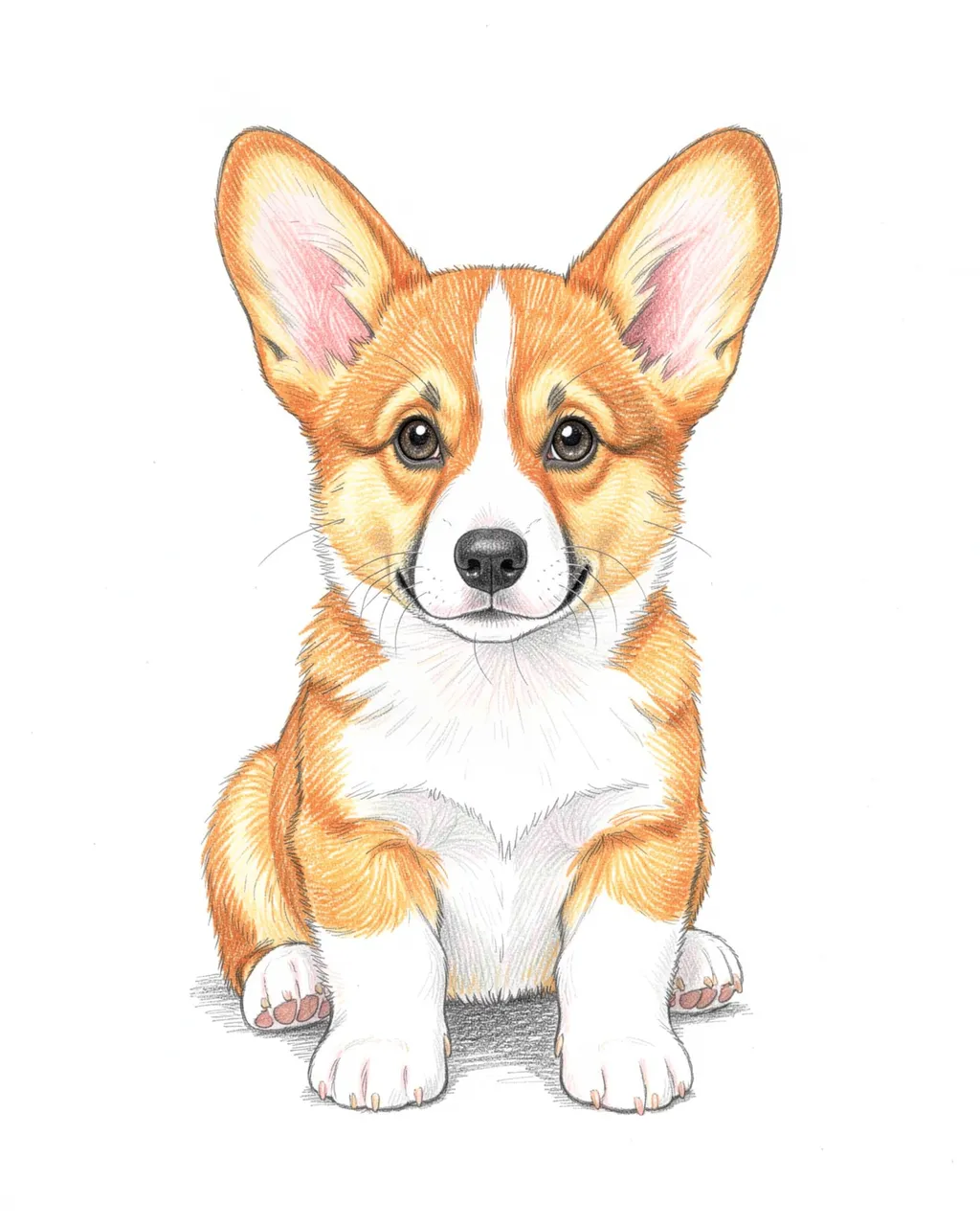A colored pencil drawing of a cute corgi puppy sitting upright against plain white paper.