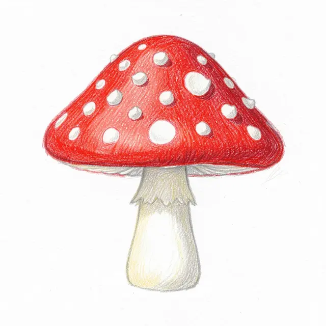 Hand drawn colored pencil illustration of a red spotted fly agaric toadstool on white textured paper