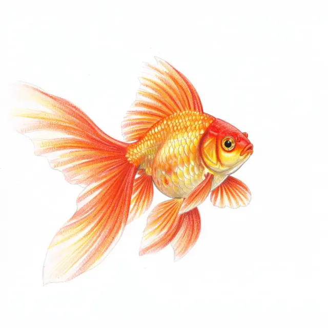 A detailed colored pencil drawing of a fancy goldfish with flowing fins on plain white paper