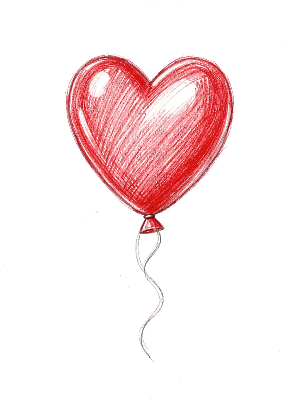 Colored pencil sketch of a red heart-shaped balloon with a curly string on white paper