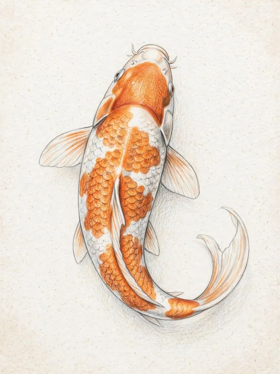 Top-down colored pencil drawing of an orange and white koi fish with a curved tail on textured paper
