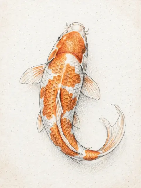 Top-down colored pencil drawing of an orange and white koi fish with a curved tail on textured paper