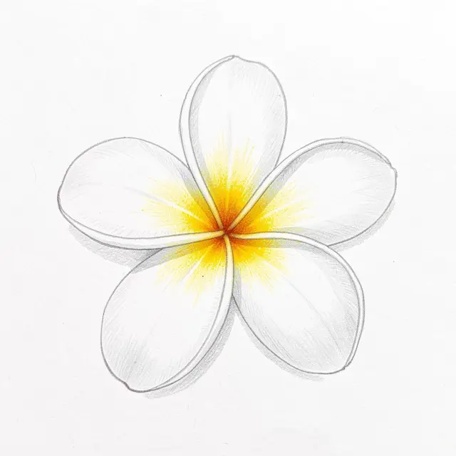 Hand-drawn colored pencil illustration of a white plumeria bloom with a yellow center on textured white paper