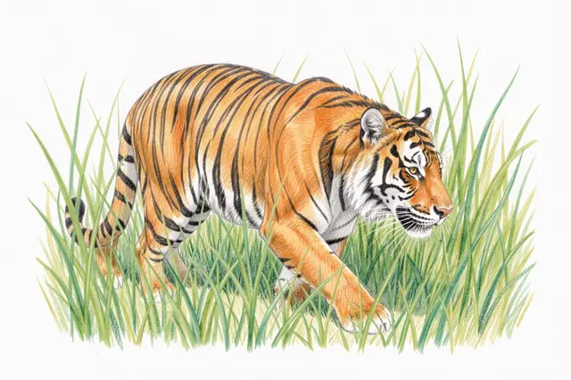 A detailed colored pencil drawing of a tiger prowling through tall green grass on white paper