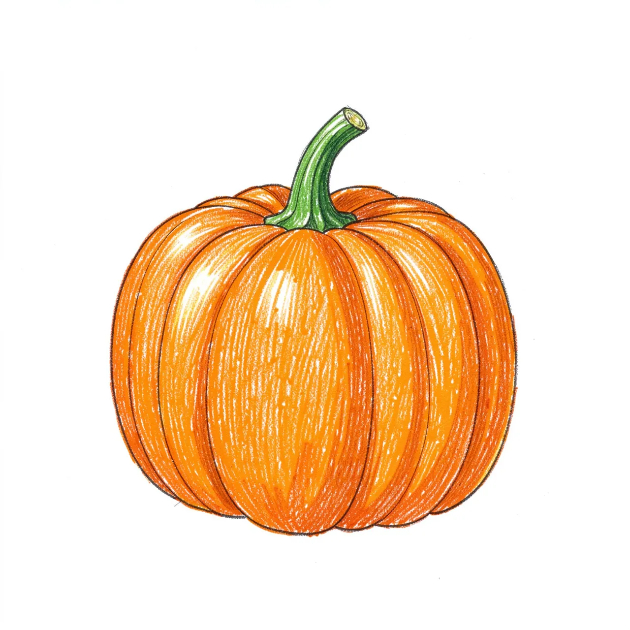 Hand drawn colored pencil illustration of an orange pumpkin with a green stem on plain white paper