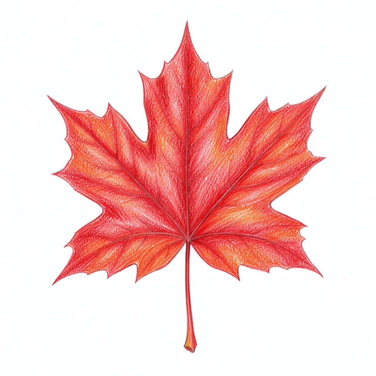 A detailed colored pencil drawing of a vivid red maple leaf on plain white paper