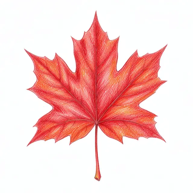 A detailed colored pencil drawing of a vivid red maple leaf on plain white paper