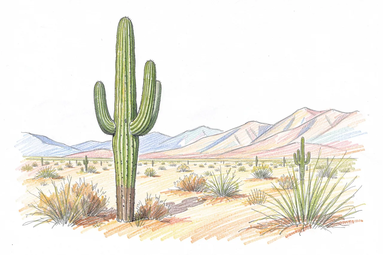 Colored pencil sketch of a desert landscape with a tall saguaro cactus and distant layered hills