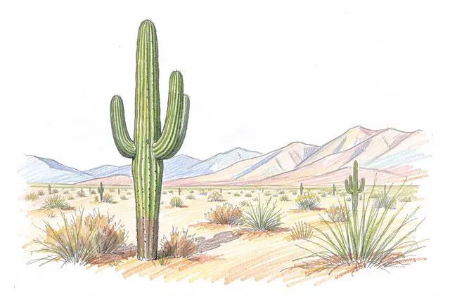 Colored pencil sketch of a desert landscape with a tall saguaro cactus and distant layered hills