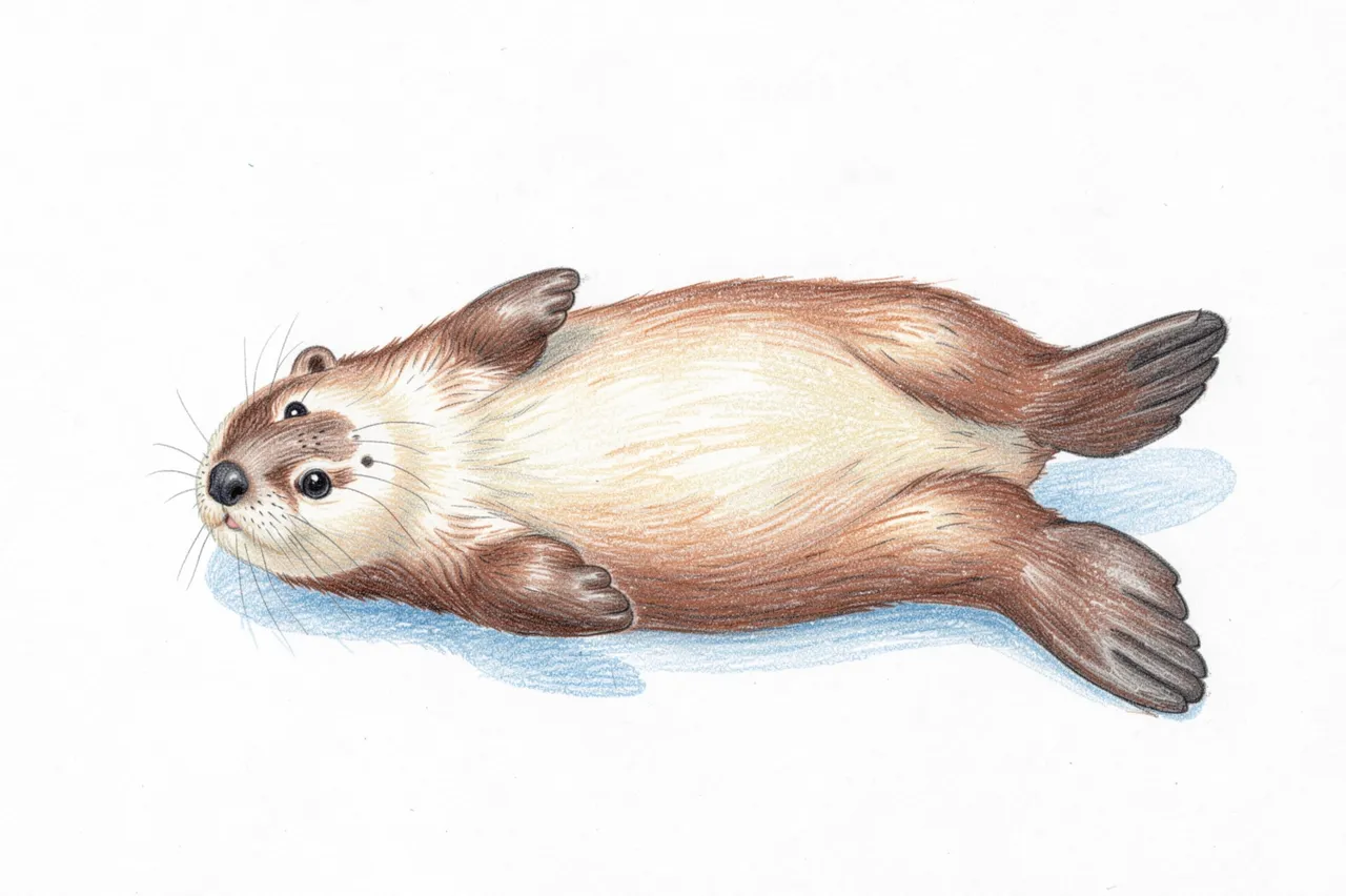 Colored pencil illustration of a sea otter resting on its back on white paper
