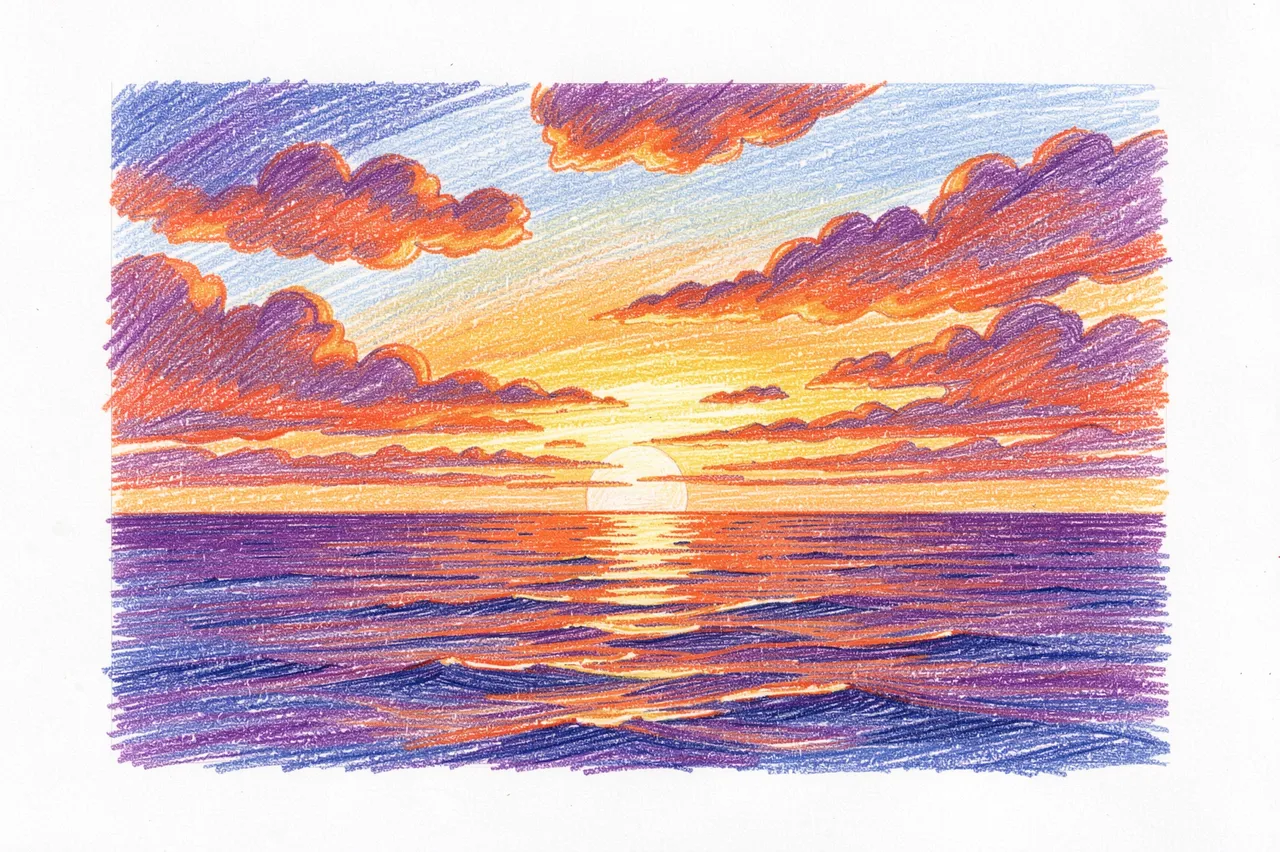 A colored pencil drawing shows a vibrant sunset over the ocean with orange and purple clouds on white paper
