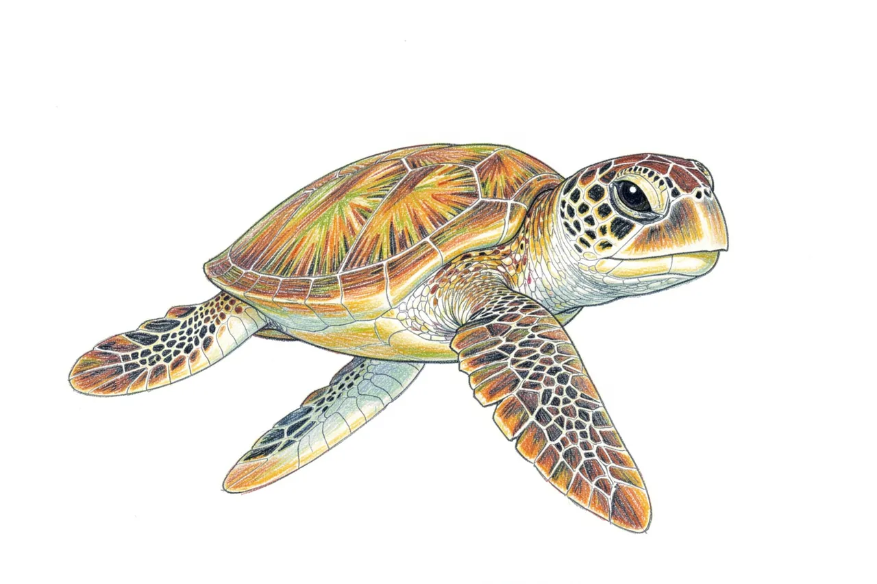 Detailed colored pencil illustration of a sea turtle against a plain white paper background