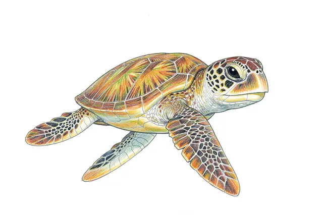 Detailed colored pencil illustration of a sea turtle against a plain white paper background