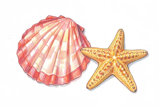 A colored pencil drawing of a scallop shell and textured starfish on plain white paper.