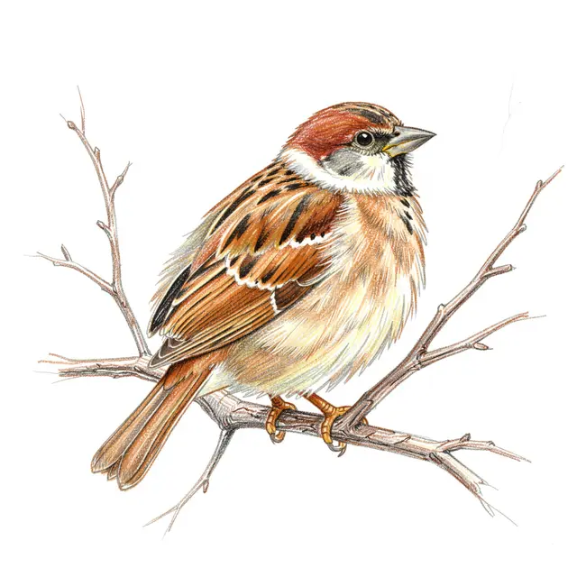 A fluffed brown sparrow perched on bare branches drawn as a colored pencil sketch on white paper