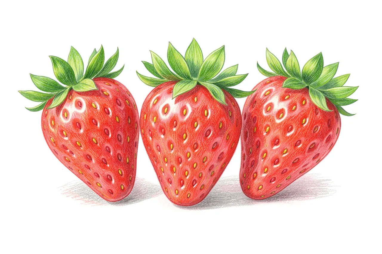 Three ripe drawn strawberries with green leafy tops rest on a plain white background