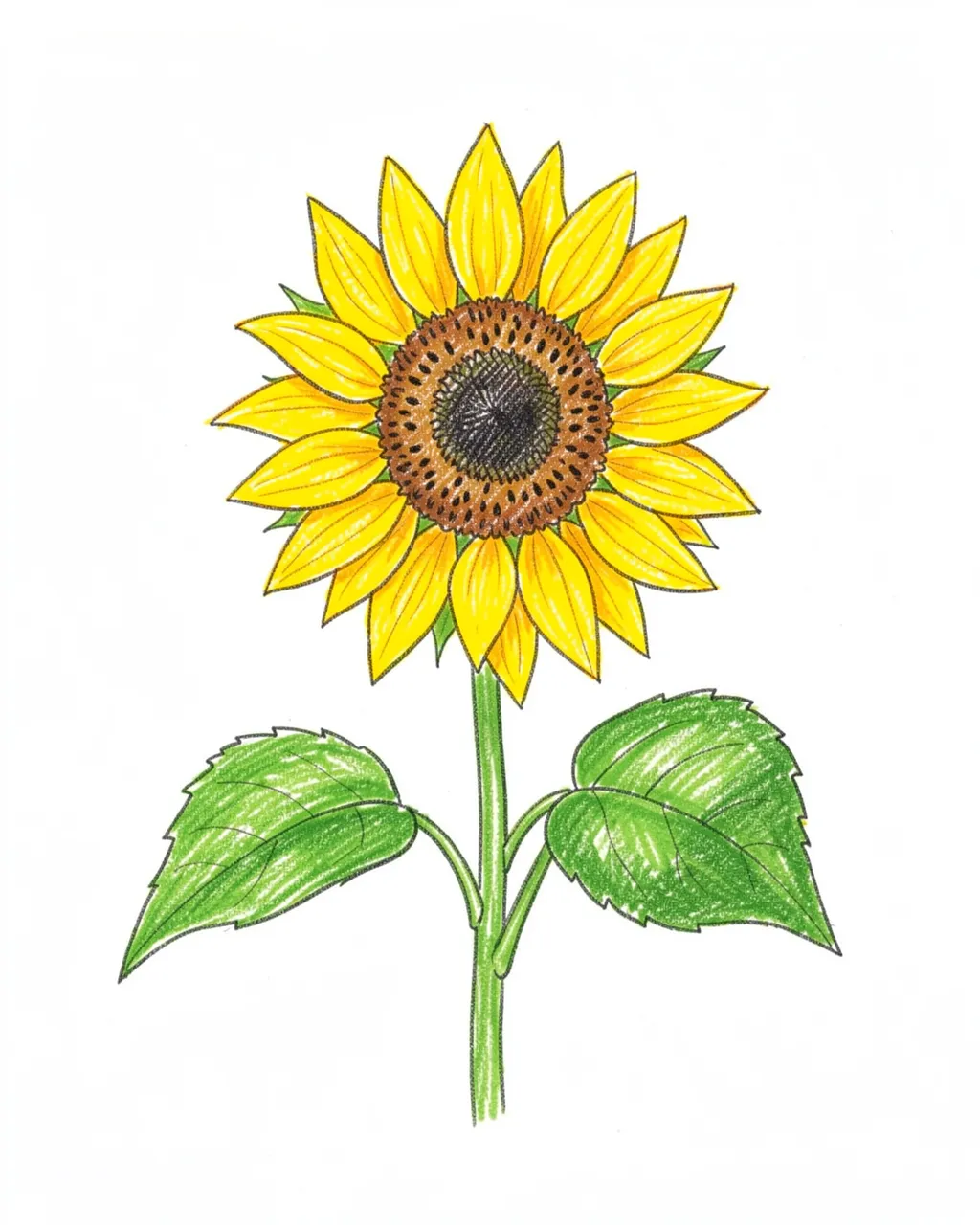 Hand drawn colored pencil illustration of a bright yellow sunflower with green leaves on plain white paper