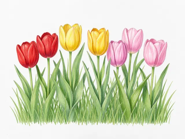 Hand-drawn colored pencil illustration of red, yellow, and pink tulips growing from green grass on white paper