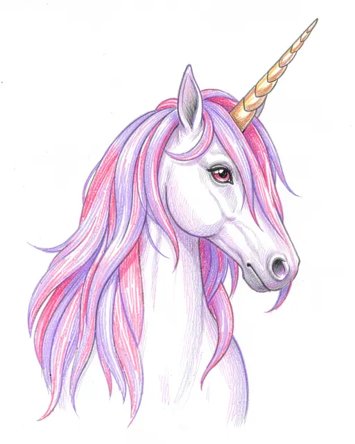 Colored pencil drawing of a unicorn head with lavender and pink mane on plain white paper