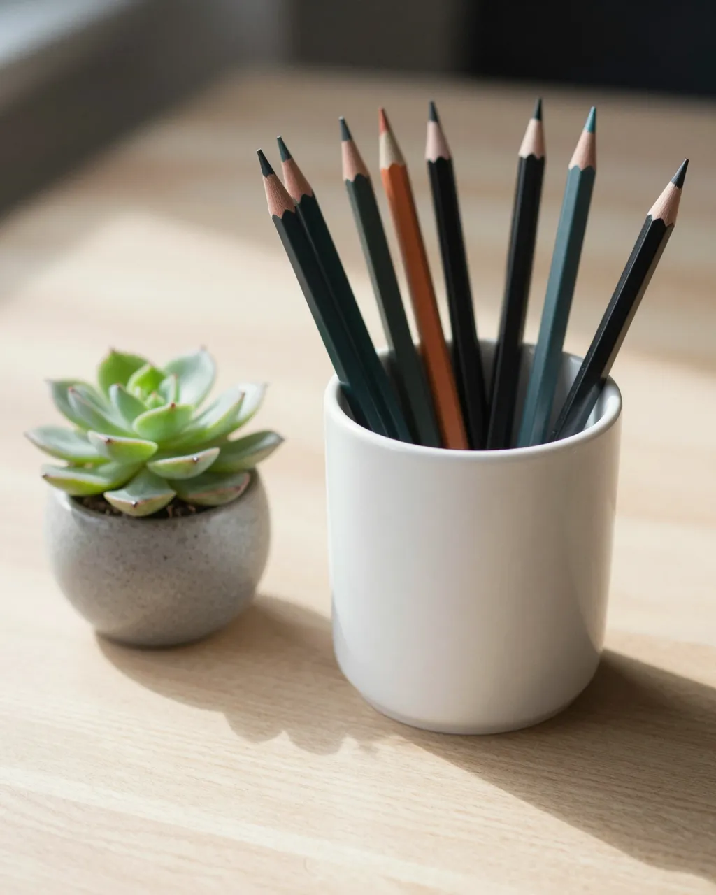 White ceramic cup holding sharpened colored pencils sits next to a small potted succulent on a sunlit wooden desk