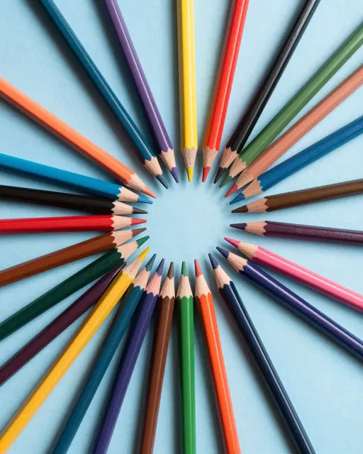 Top-down view of colored pencils fanned into a sunburst circle on pale blue paper
