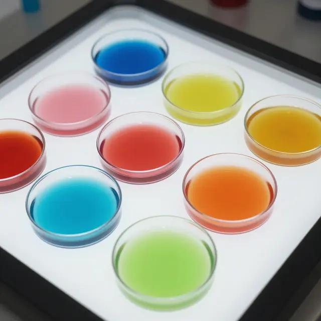 Top down view of unmarked glass petri dishes holding bright colored liquids on an illuminated white lab light table.