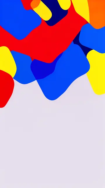 Bold chunky abstract shapes in cobalt blue, red, and yellow sit above a large pale empty copy space