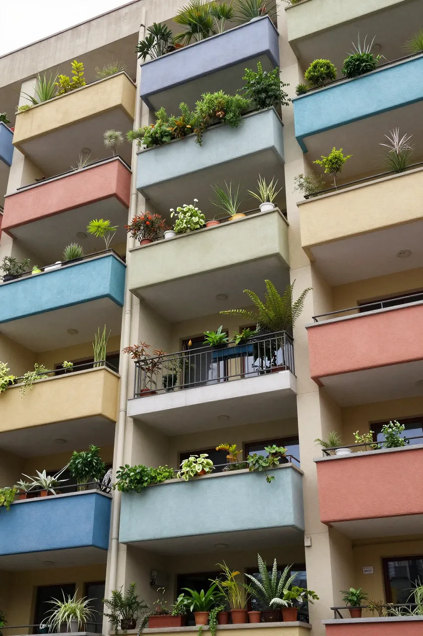 Low angle view of a modern apartment building with brightly colored balconies filled with potted greenery