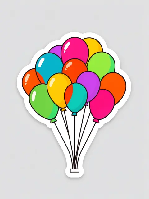 Flat illustration die-cut sticker of a bunch of bright balloons on a light gray background