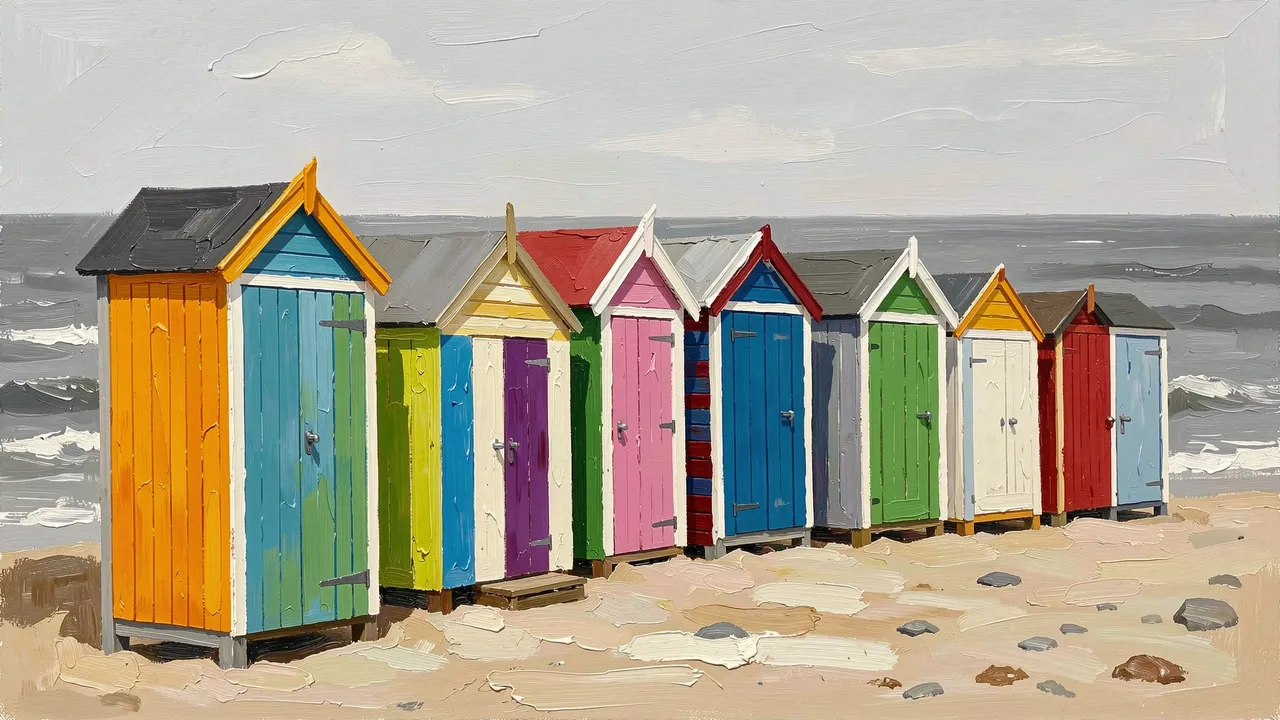 Palette knife oil painting of a row of brightly painted beach huts on sand facing a gray overcast sea