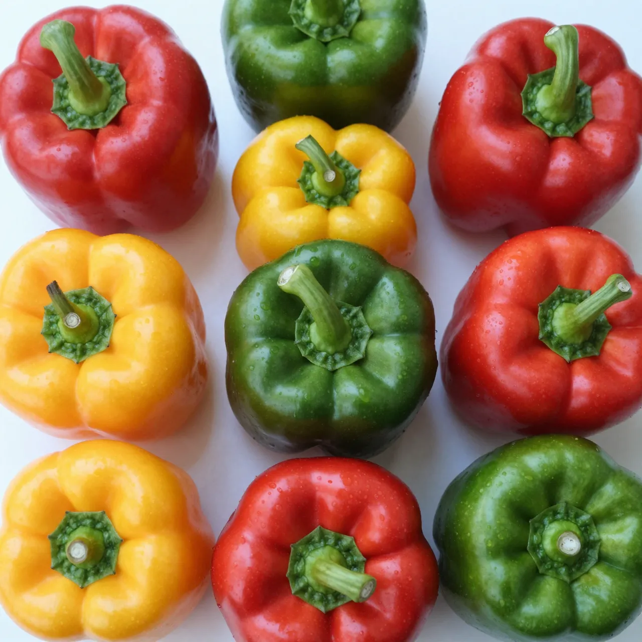 Top view of red, yellow and green bell peppers arranged in a neat grid pattern on a light white surface