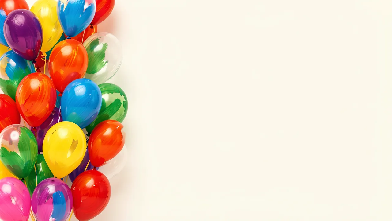 Painted brushstroke balloons cluster along the left edge of an off-white background with empty copy space on the right