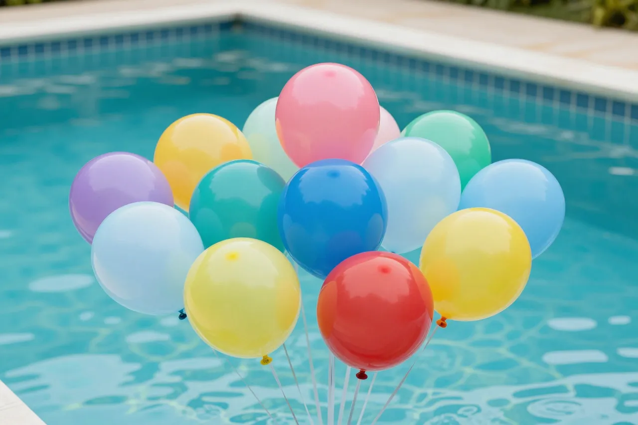 Bunch of bright pastel birthday balloons float in front of a turquoise backyard swimming pool
