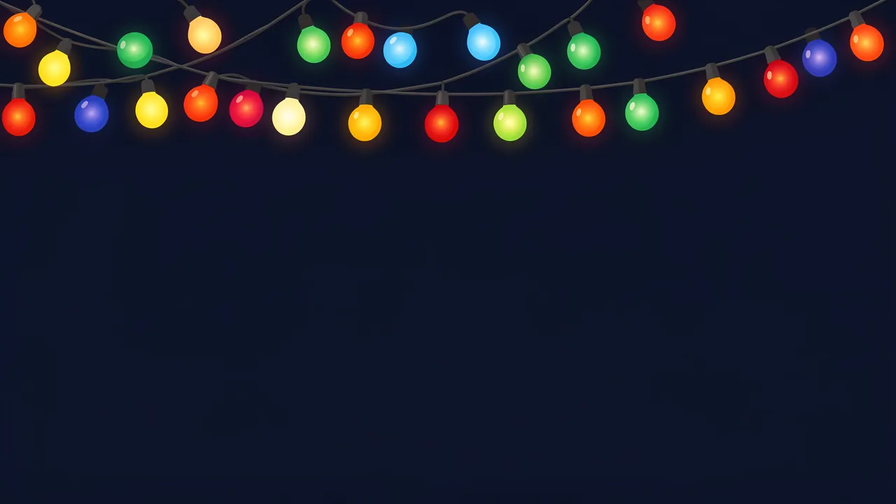 Draped multicolor Christmas string lights sit along the top edge of a solid dark navy background with empty copy space below