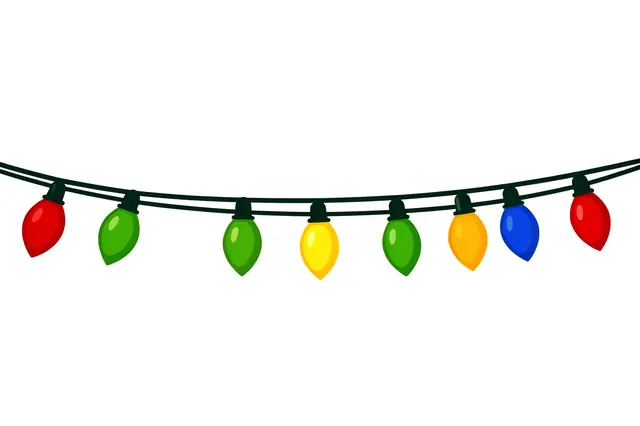 Flat clipart illustration of a curved string of multicolored Christmas light bulbs on a plain white background