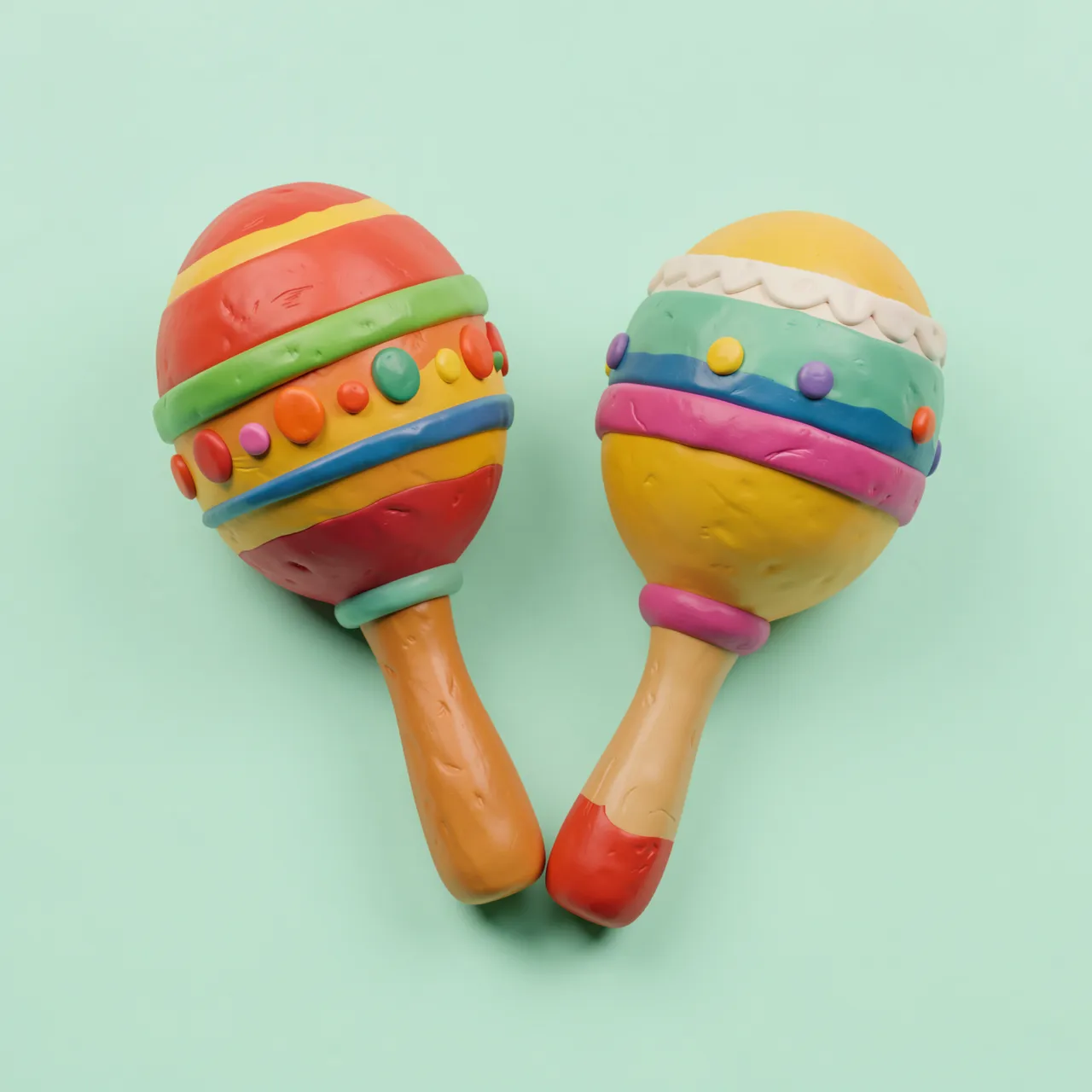 Two textured clay-style maracas rest on a soft pastel mint background.