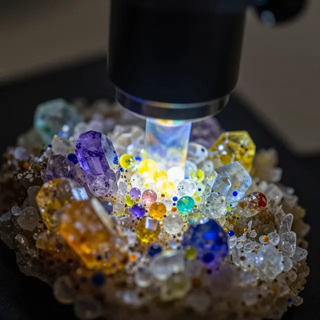 Close-up macro view of vibrant multicolored crystals viewed through a laboratory microscope lens